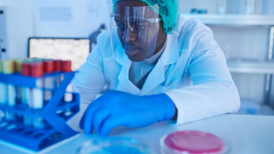 A disease prevention scientist looks at test tubes